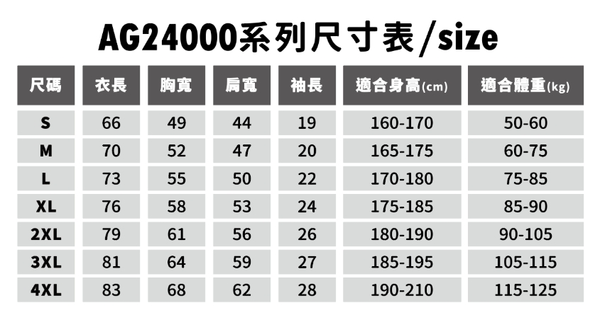 AG24000 系列衣服尺寸表